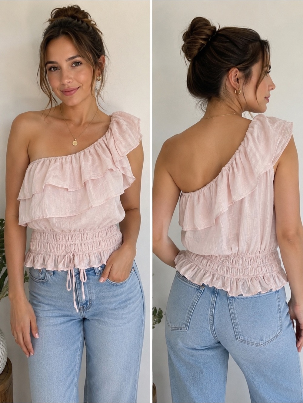 ESM One-Shoulder Ruffle Smocked Top - Blush